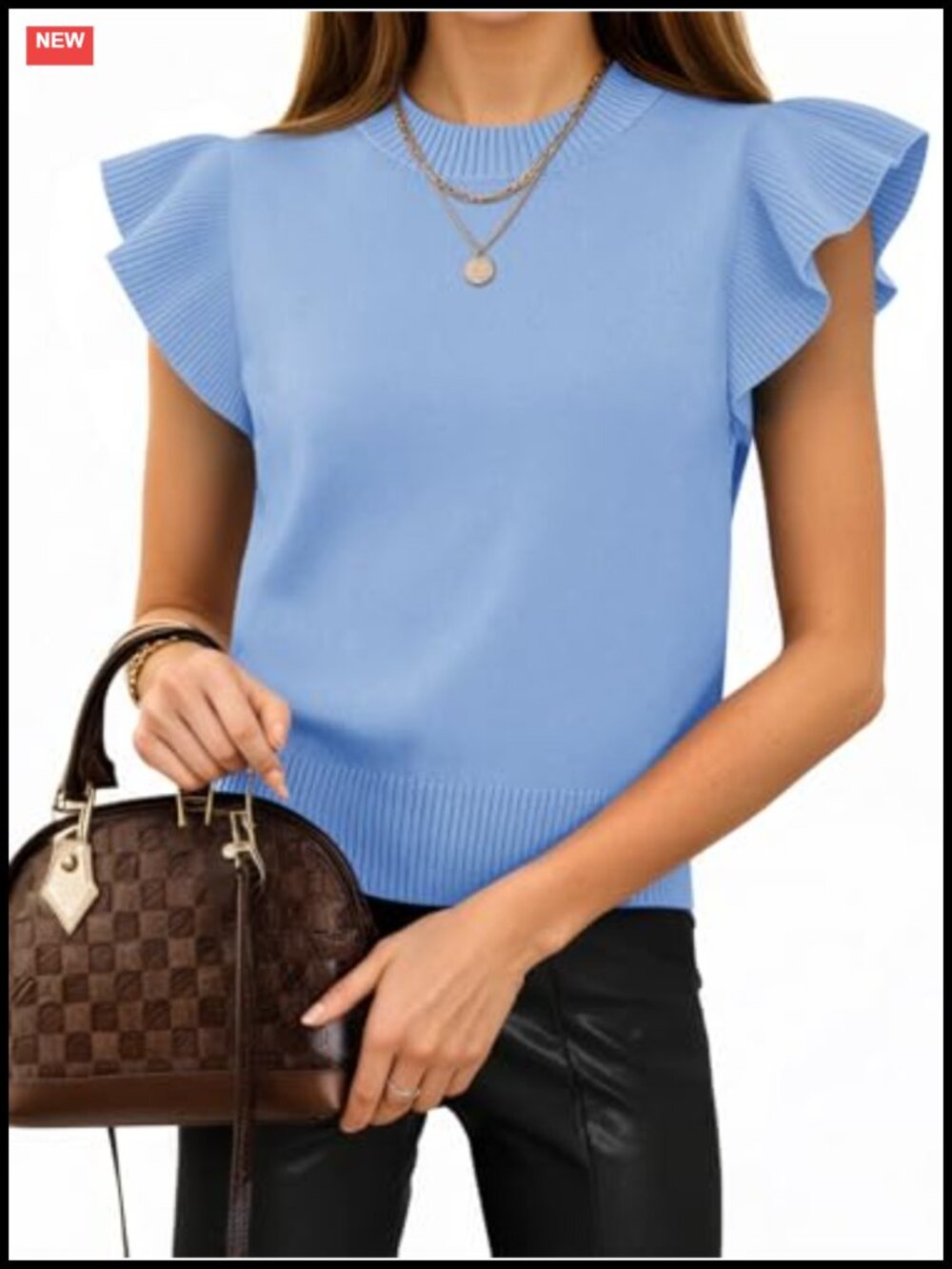 Ruffle Sleeve Cropped Sweater Tank Top Ribbed Knit Blouse Flutter Sleeve